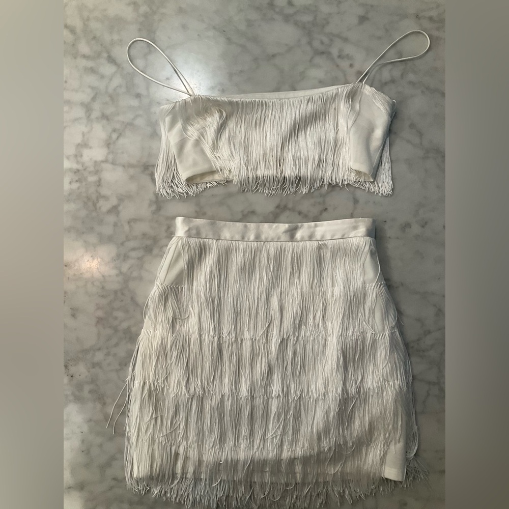Meshki White Fringe Skirt Set